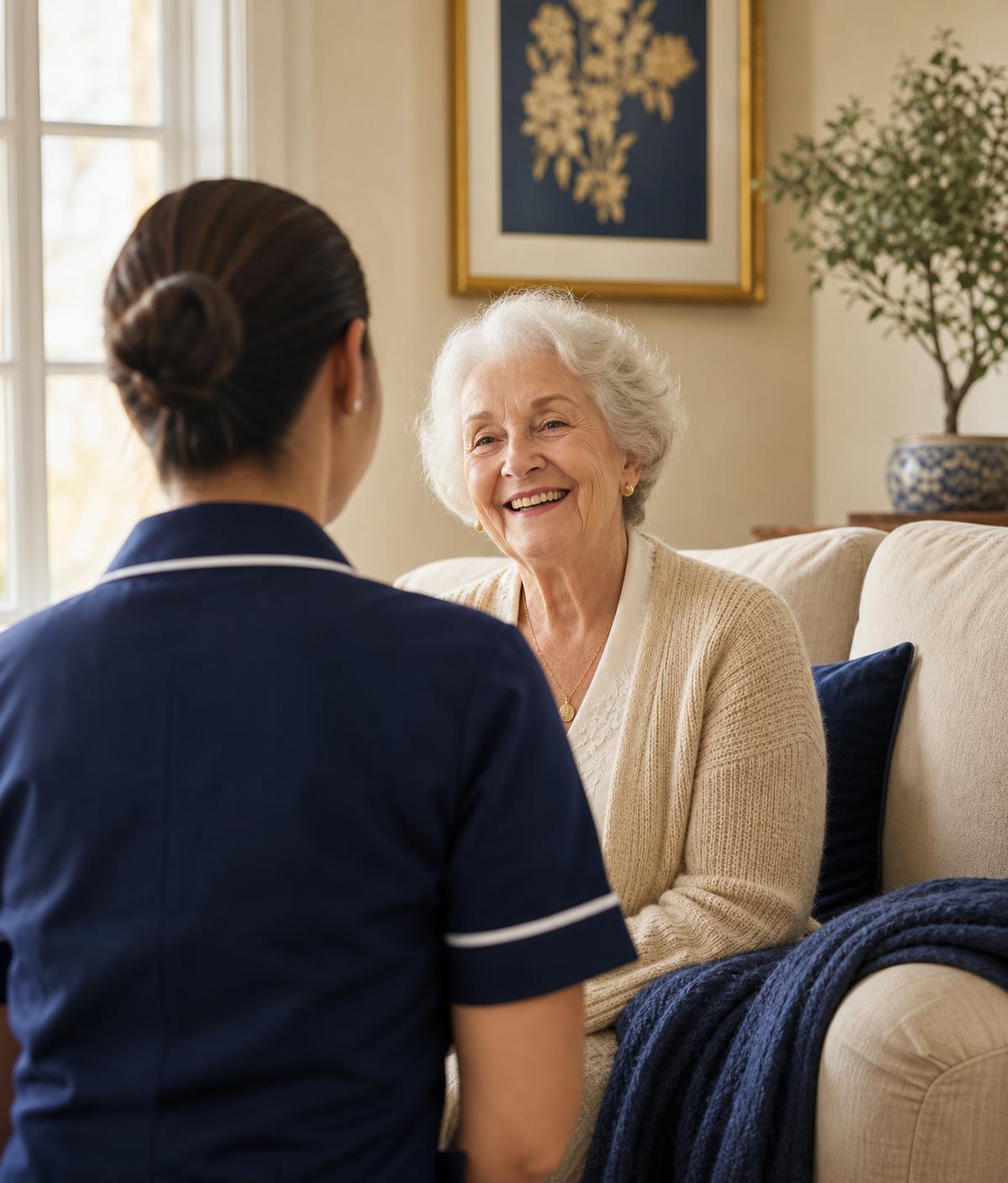 A home-care caregiver in a navy uniform sharing a warm moment with a smiling senior client in a sunlit living room